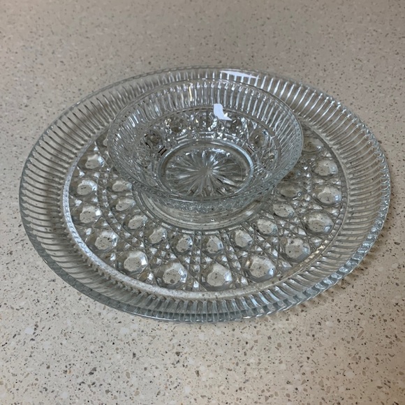 Indiana Glass Co - Clear Glass Button & Cane Serving Bowl and Platter -Set/Lot - Picture 1 of 10